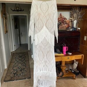 Never worn Chantilly lace wedding dress with fringe